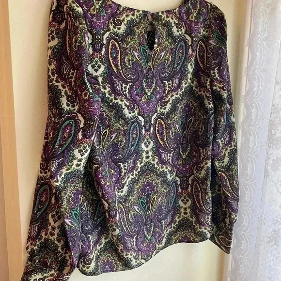 J Crew Blouse Floral Paisley Keyhole Back Boat Neck Purple Long Sleeve Flowy - Picture 6 of 7